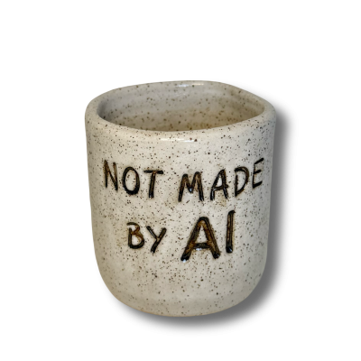 Vaso de cerâmica com texto gravado NOT MADE BY AI