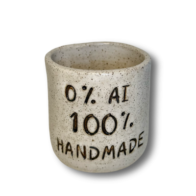 Copo ou vaso de cerâmica bege com texto 0% AL 100% HANDMADE
