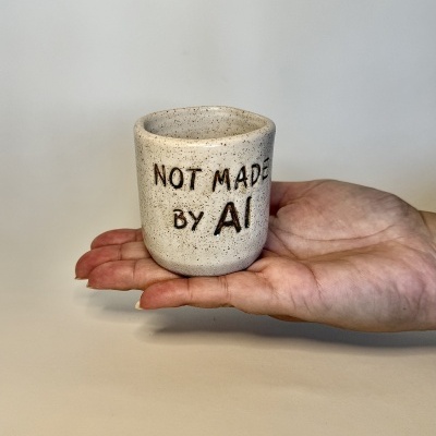 Caneca pequena de cerâmica creme com texto NOT MADE BY AI numa mão