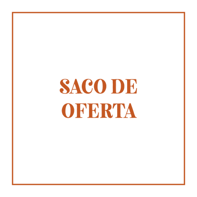 Texto Saco de Oferta em castanho sobre fundo preto com borda castanha