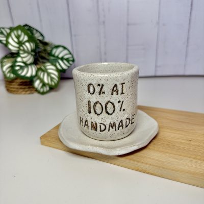 Caneca de cerâmica bege com mensagem em relevo sobre pires branco numa mesa com base de madeira e planta verde ao fundo
