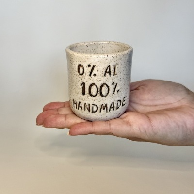 Caneca pequena de cerâmica com inscrições 0% AI 100% HANDMADE segurada em mão