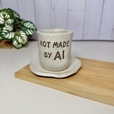 Copo de cerâmica bege com texto NOT MADE BY AI, em prato igual, sobre tábua de madeira clara