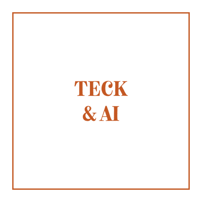 Rótulo negro com texto em castanho laranja TECK & AI