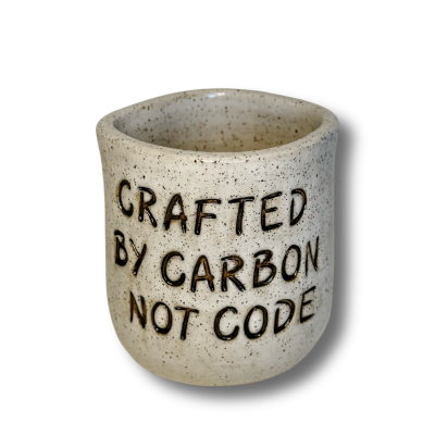 Caneca em cerâmica bege com pontilhado e texto em relevo preto