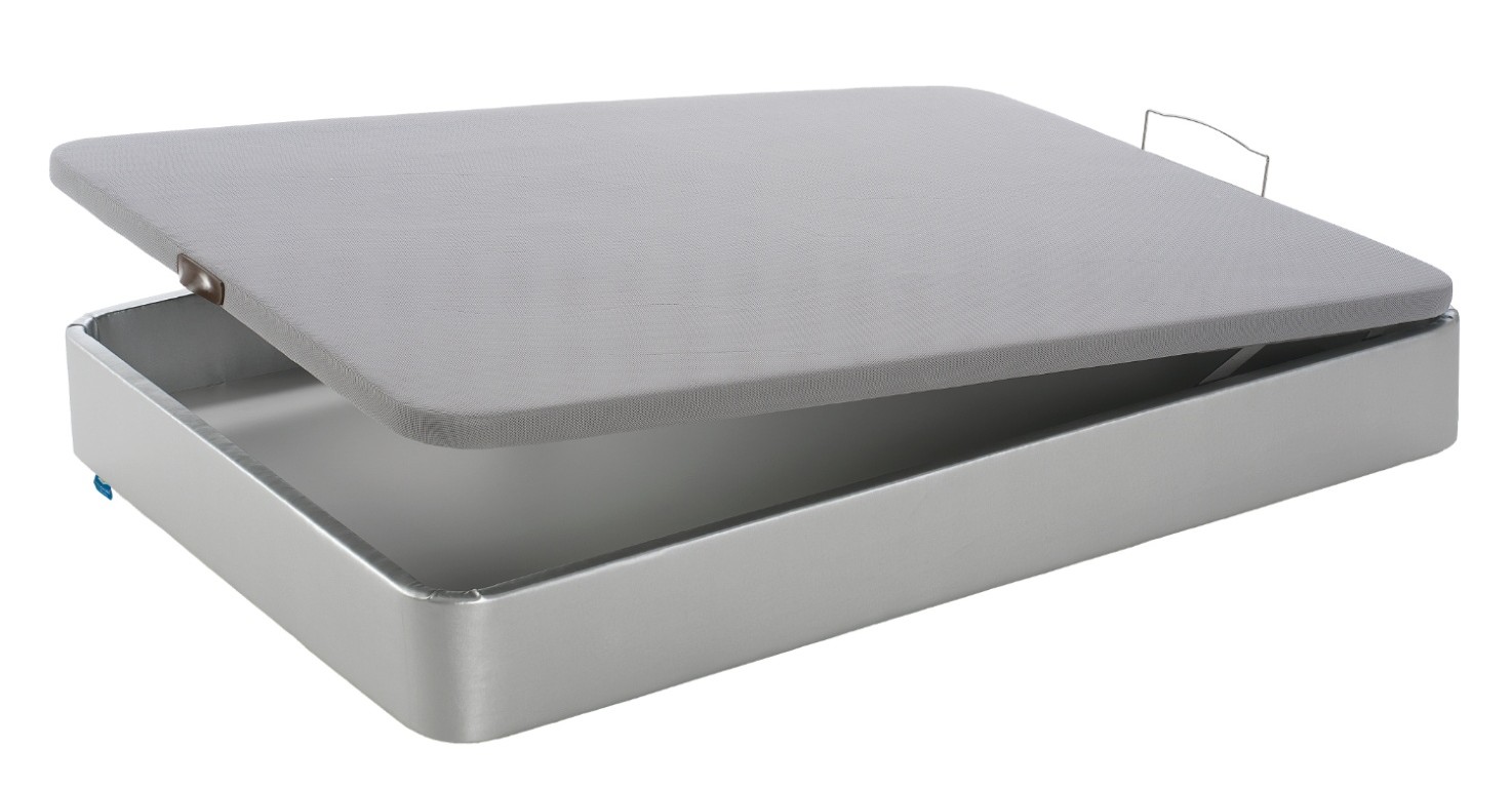 Cama de arrumação cinza claro com tampa levantada e estrutura retangular