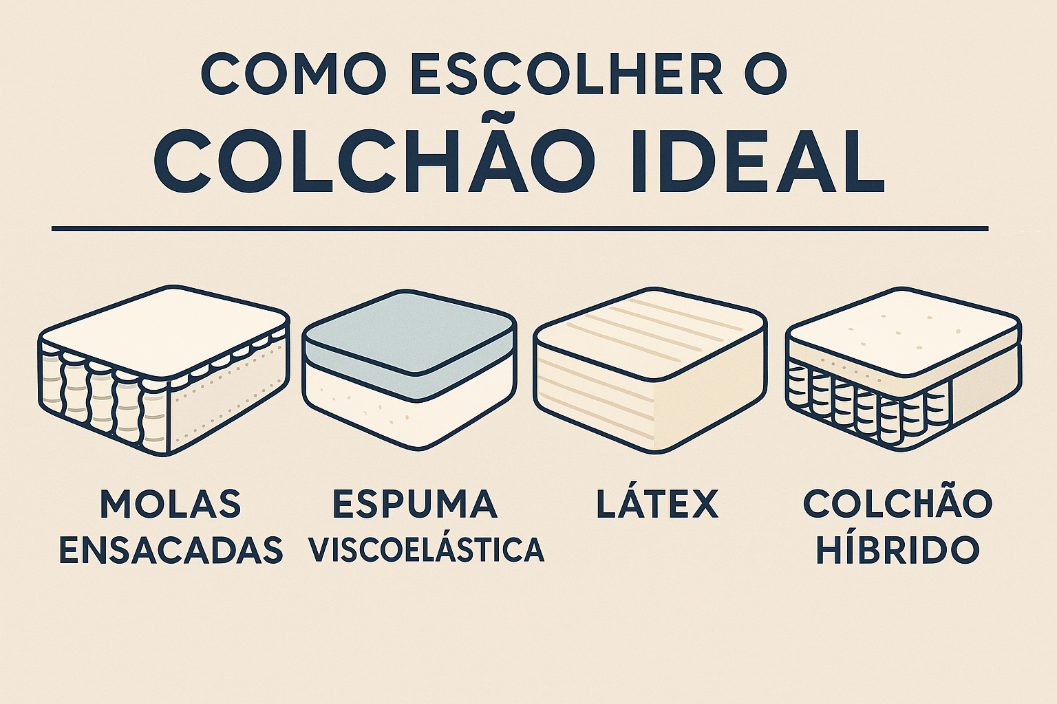 Ilustração de quatro tipos de colchões com seus nomes em português