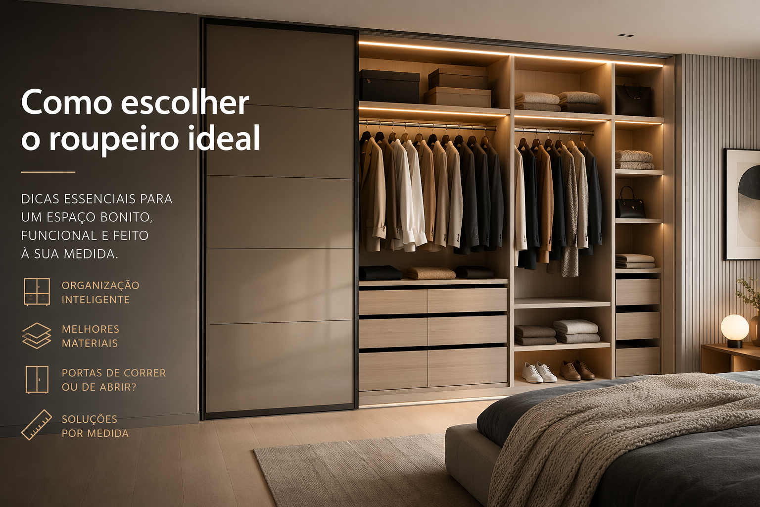 Roupeiro moderno em madeira clara com iluminação integrada e portas deslizantes castanhas