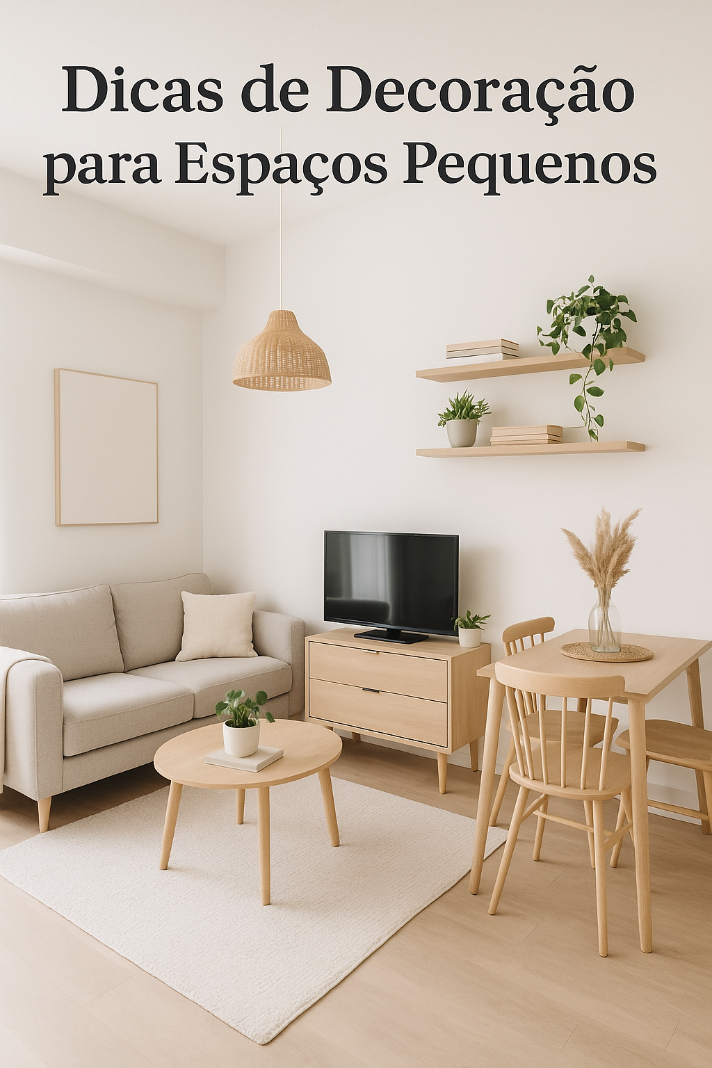 Sala de estar e jantar pequena com móveis de madeira clara e decoração minimalista.