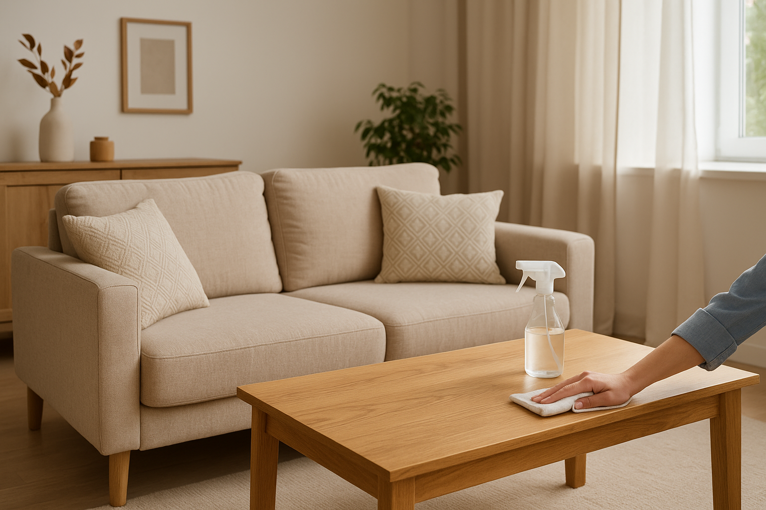 Sofá bege e mesa de madeira clara numa sala com cortinas e plantas.