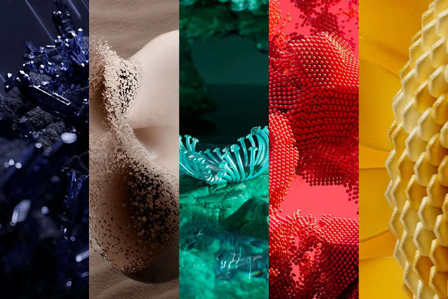 Cinco faixas verticais com diferentes texturas e cores, incluindo cristais azuis, partículas pretas, coral verde, formas vermelhas e padrão amarelo.