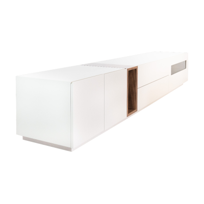 Móvel baixo branco moderno com compartimento em madeira natural