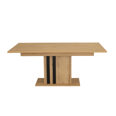 Mesa de jantar em madeira clara com base central e faixas pretas
