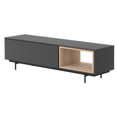 Móvel de apoio retangular preto com abertura lateral de madeira clara e pernas pretas