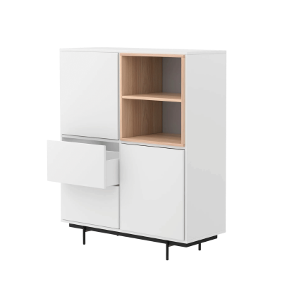 Móvel de armazenamento branco com portas e prateleira aberta