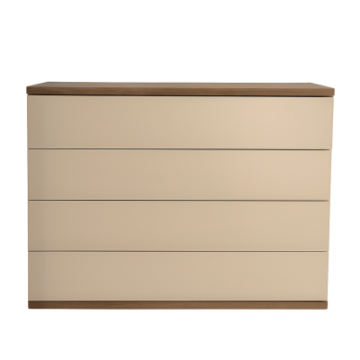 Cômoda bege com quatro gavetas e tampo de madeira castanha
