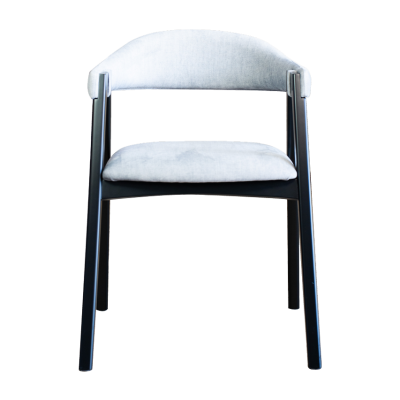 Cadeira de madeira preta com estofado cinza claro