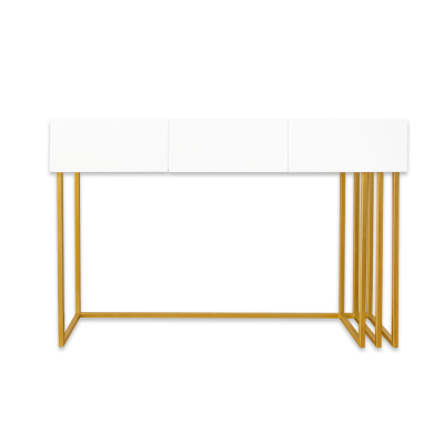 Aparador branco com estrutura dourada sobre fundo preto