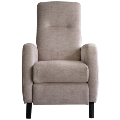 Poltrona reclinável de tecido bege com pernas pretas