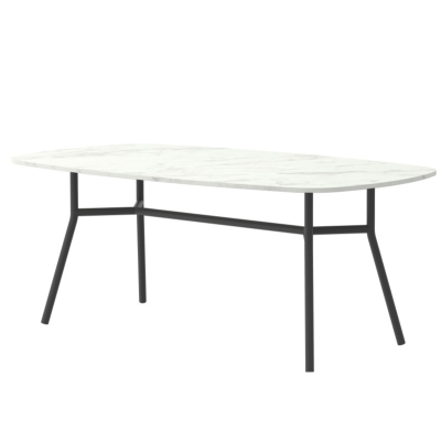 Mesa de jantar retangular com tampo branco imitação mármore e pernas pretas de metal