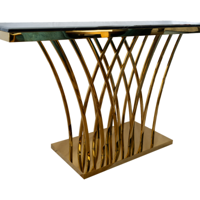 Mesa de consola em mármore preto com base de metal dourado entrelaçado
