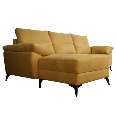 Sofá chaise longue amarelo de tecido com pernas pretas