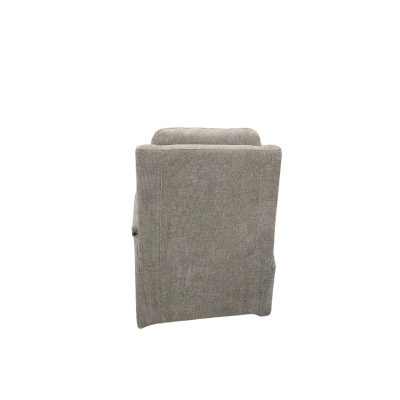 Cadeira estofada cinza vista de trás sobre fundo branco