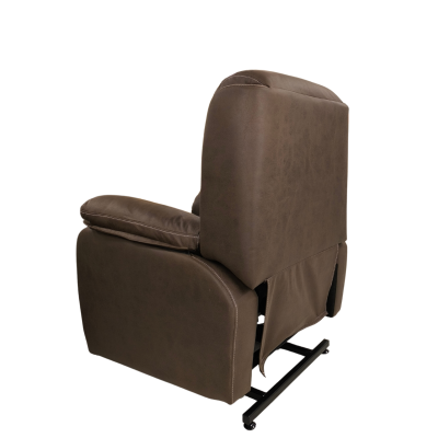 Poltrona reclinável castanha vista de trás e lateral com base metálica preta