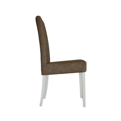Cadeira estofada castanha com pernas brancas vista de perfil