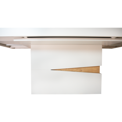 Mesa branca com réguas de madeira clara encaixadas