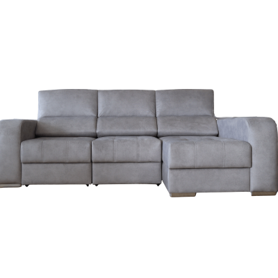 Sofá de canto cinzento claro com três lugares e braços largos