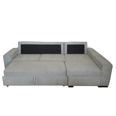 Sofá-cama cinzento com costas pretas texturizadas em posição estendida