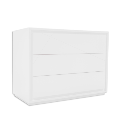 Cómoda branca de três gavetas com design simples e fundo preto