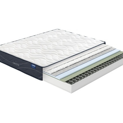 Colchão em corte transversal com várias camadas internas e tampa branca acolchoada.