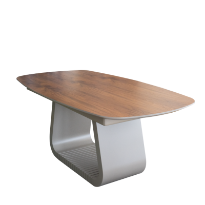 Mesa moderna com tampo de madeira e base branca curva