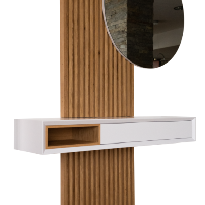 móvel de entrada em madeira clara com espelho redondo e prateleira branca