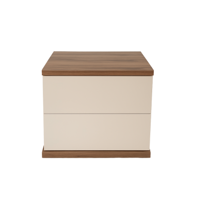 Mesa de cabeceira com tampo castanho e laterais brancas