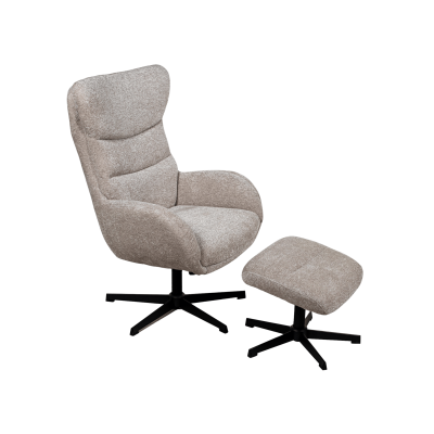 Poltrona castanha clara estofada com otoman combinando e base preta