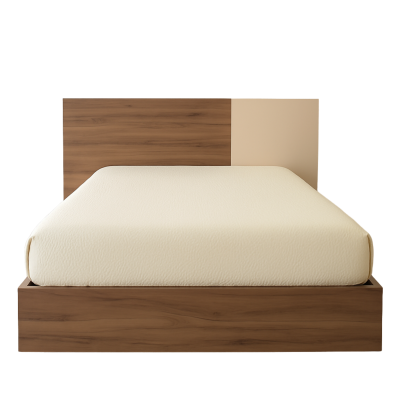 Cama casal madeira castanha com colchão branco e cabeceira dividida madeira e bege