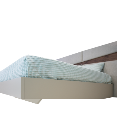 Cama moderna com cabeceira estofada cinza e colchão com capa azul clara xadrez