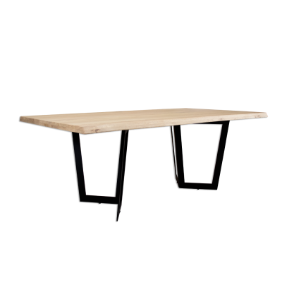 Mesa retangular com tampo de madeira clara e pernas pretas de metal