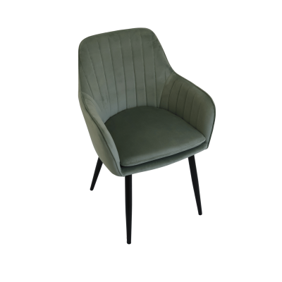 Cadeira verde com pernas pretas e estofado em tecido