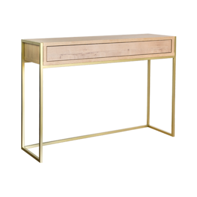 Consola de madeira clara com estrutura metálica dourada minimalista