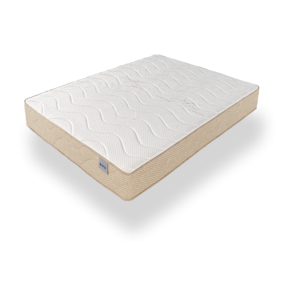 Colchão branco com laterais bege e etiqueta azul