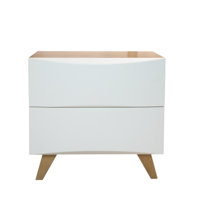 Cômoda branca de duas gavetas com pernas de madeira natural
