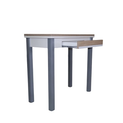 Mesa de suporte com tampo e gaveta em madeira clara e pernas cinza