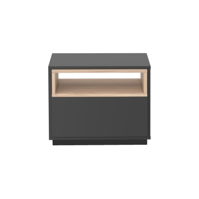 Mesa de cabeceira cinza com prateleira em madeira clara