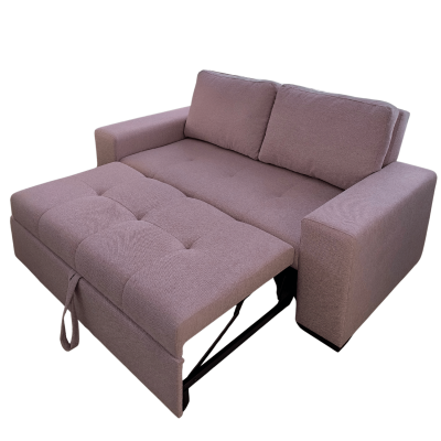 Sofá cama lavanda com braços largos, almofadas e estrutura metálica exposta