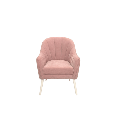 Poltrona rosa claro com pernas de madeira clara