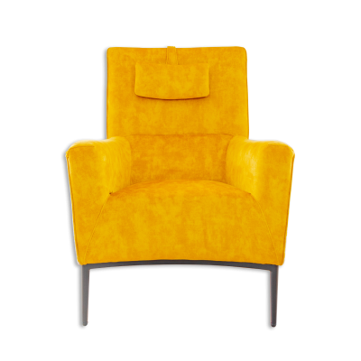 Poltrona amarela de tecido aveludado com pernas pretas